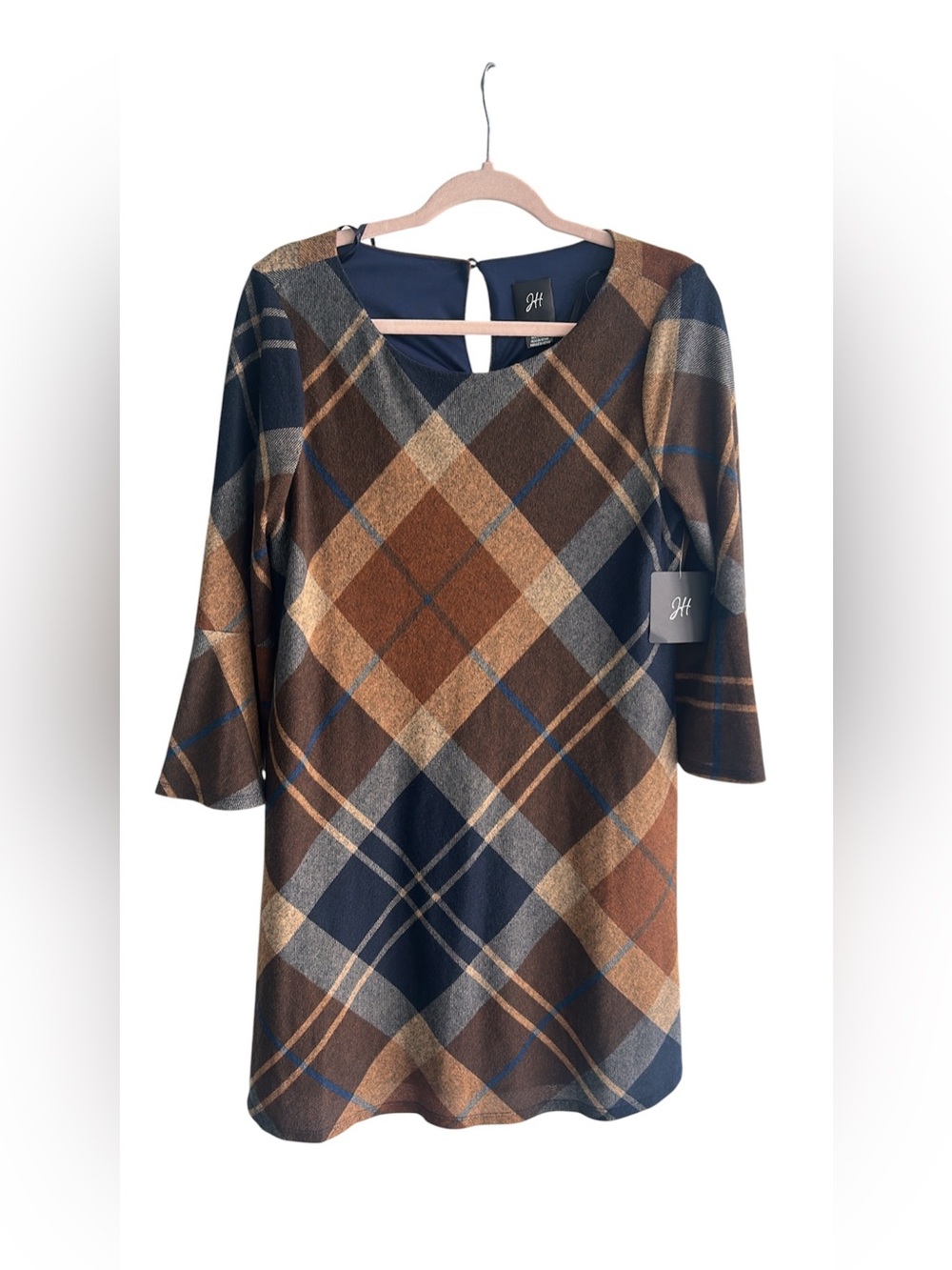 H by Halston Navy and Brown Plaid Long Sleeve Shift Dress